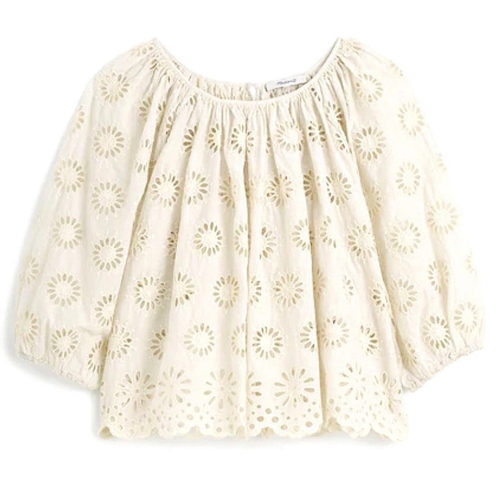 Madewell Embroidered Shirred Puff-Sleeve Top Ivory Floral Size S NWT